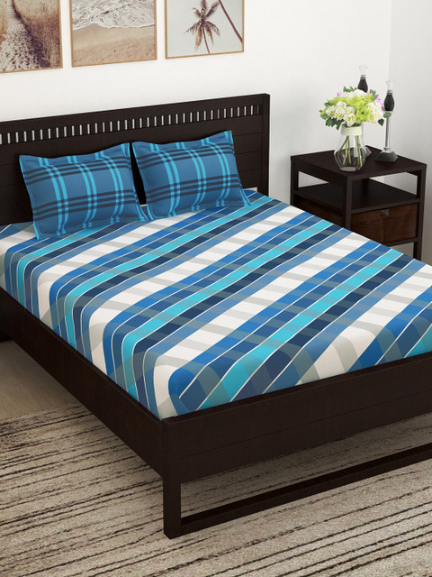 

Story@home White & Blue Abstract 160 TC Cotton 1 King Bedsheet with 2 Pillow Covers