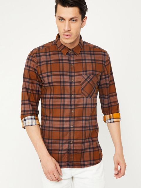

UCLA Men Tan Brown Slim Fit Checked Casual Shirt