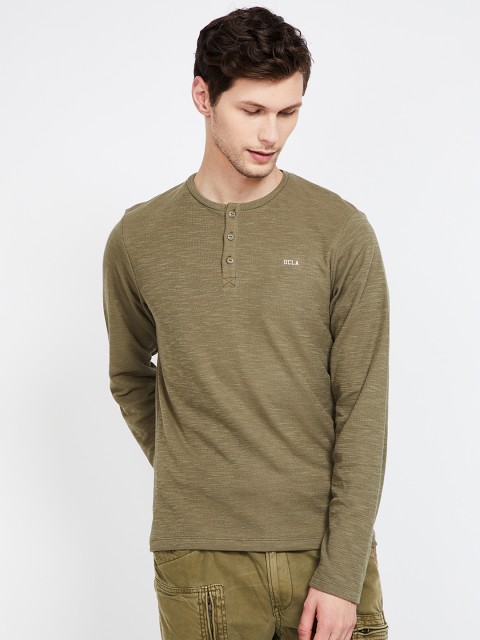 

UCLA Men Olive Green Solid Henley Neck T-shirt