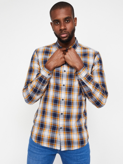 

UCLA Men Yellow & Blue Slim Fit Checked Casual Shirt