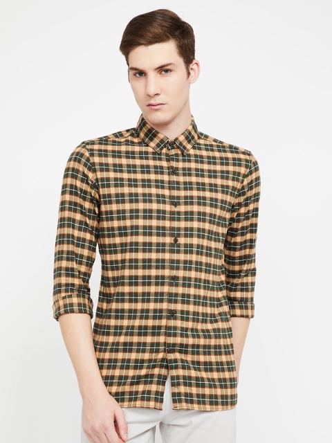 

UCLA Men Olive Green & Yellow Slim Fit Checked Casual Shirt