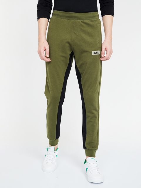 

UCLA Men Olive Green & Black Colourblocked Slim-Fit Joggers