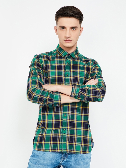 

UCLA Men Green & Navy Blue Slim Fit Checked Casual Shirt