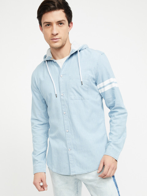 

UCLA Men Blue Slim Fit Solid Hooded Casual Shirt