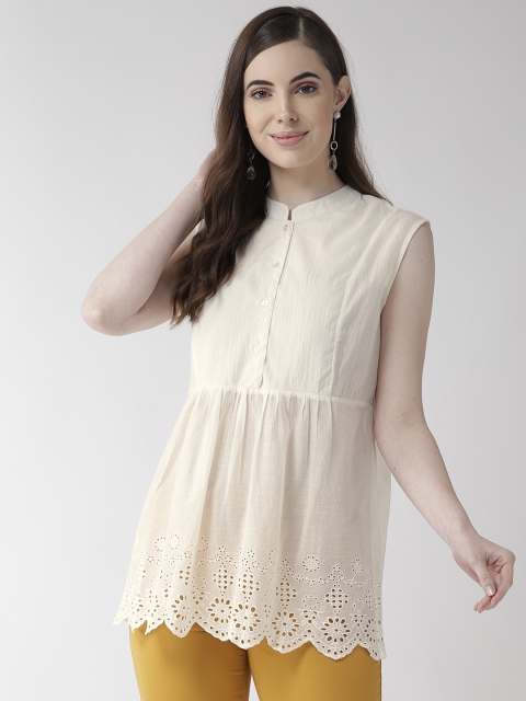 

MIWAY Women Off-White Pure Cotton Solid A-Line Top