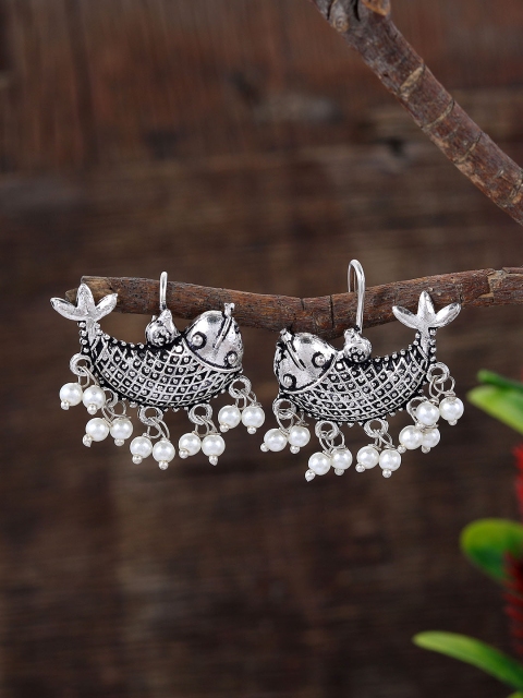 

Silvermerc Designs Silver-Toned & White Peacock Shaped Drop Earrings