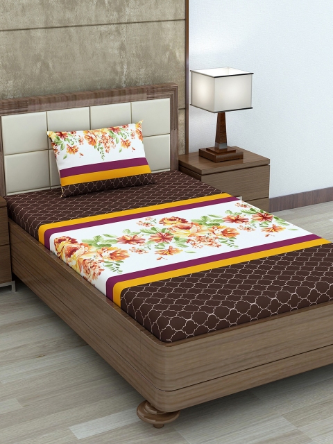 

Divine Casa Coffee Brown & White Floral 180 TC Cotton Single Bedsheet with 1 Pillow Cover