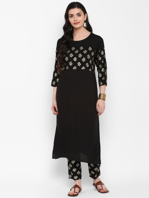 

ZIYAA Women Black & Gold-Toned Yoke Design Kurta with Trousers