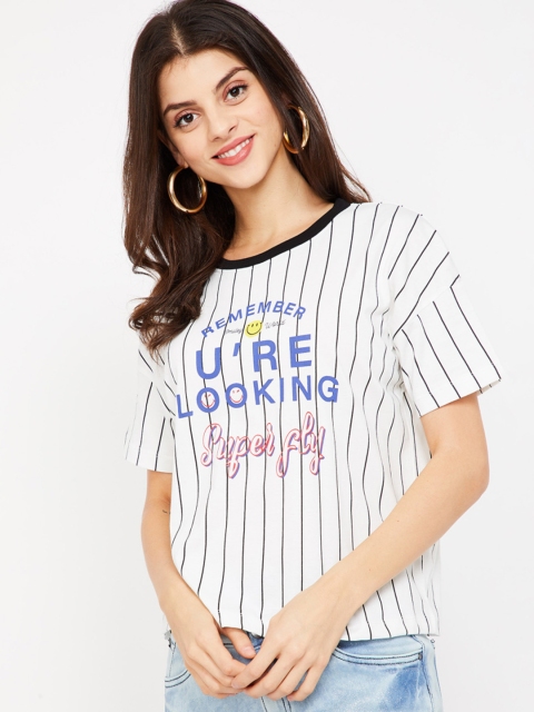 

Smiley World Women White & Black Striped Round Neck T-shirt