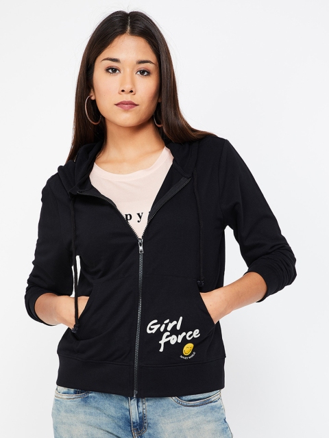 

Smiley World Women Black Solid Hooded Sweatshirt