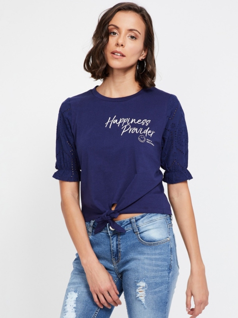 

Smiley World Women Navy Blue Printed Round Neck T-shirt