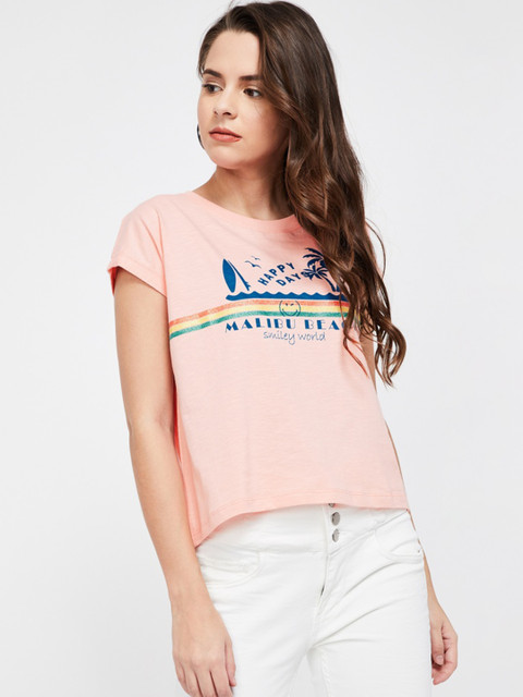 

Smiley World Women Peach-Coloured Printed Round Neck T-shirt