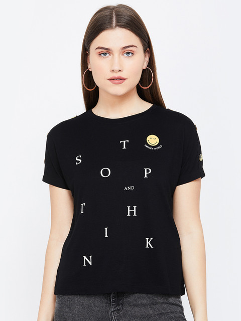 

Smiley World Women Black & White Printed Round Neck T-shirt