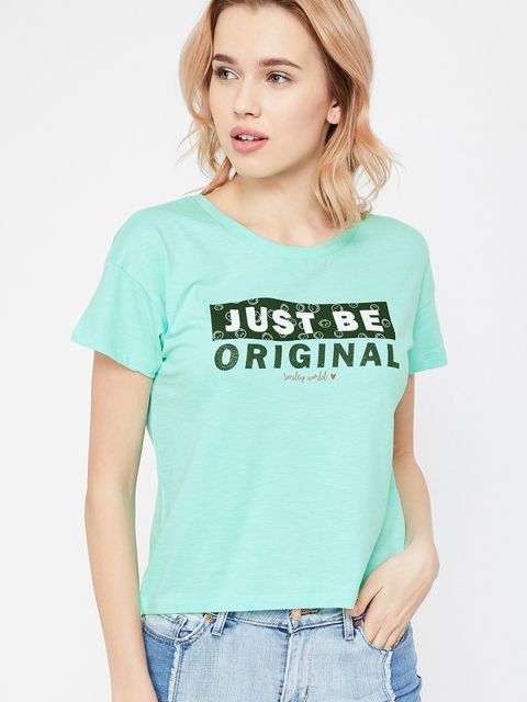 

Smiley World Women Sea Green Printed Round Neck T-shirt