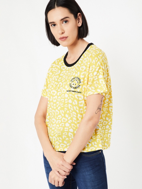 

Smiley World Women Yellow Printed Round Neck T-shirt