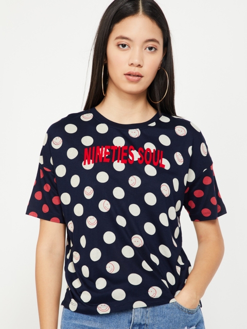 

Smiley World Women Navy Blue Printed Round Neck T-shirt