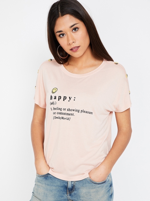 

Smiley World Women Pink Printed Round Neck T-shirt
