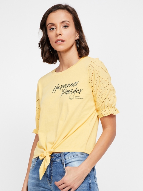 

Smiley World Women Yellow Printed Round Neck T-shirt