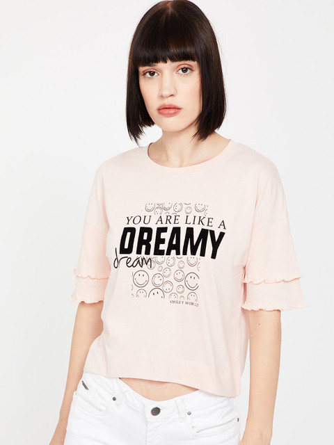 

Smiley World Women Pink Printed Round Neck T-shirt