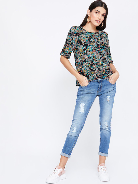 

Smiley World Women Black Printed Round Neck T-shirt