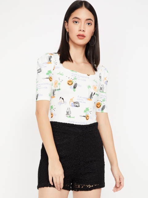 

Smiley World Women White Printed Scoop Neck T-shirt