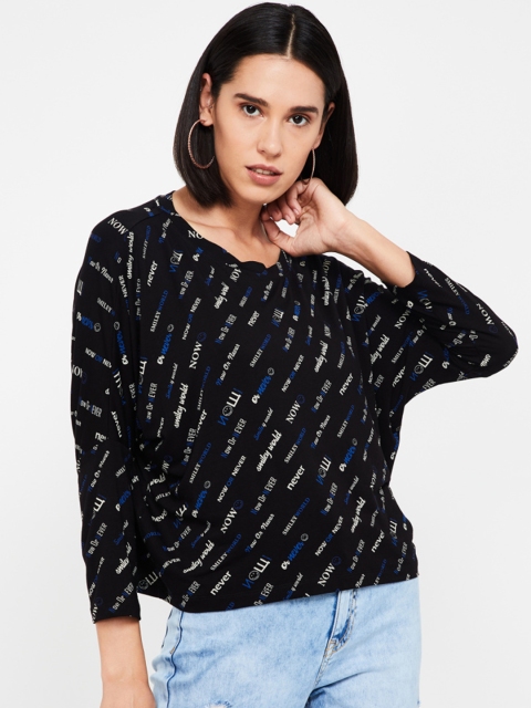 

Smiley World Women Black Printed Round Neck T-shirt