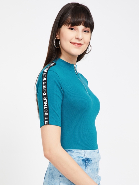 

Smiley World Women Teal Blue Solid Turtle Neck T-shirt