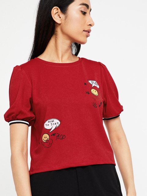 

Smiley World Women Red Printed Round Neck T-shirt