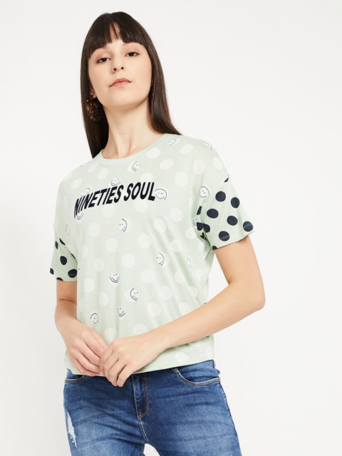 

Smiley World Women Green Printed Round Neck T-shirt