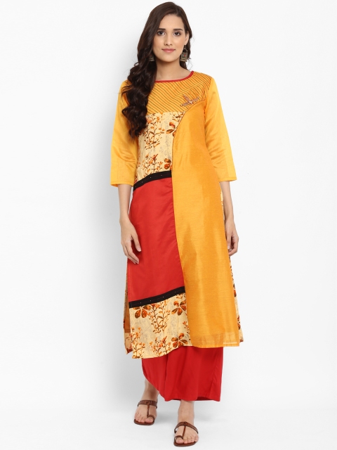 

aayusika Women Yellow & Orange Printed Silk Straight Kurta