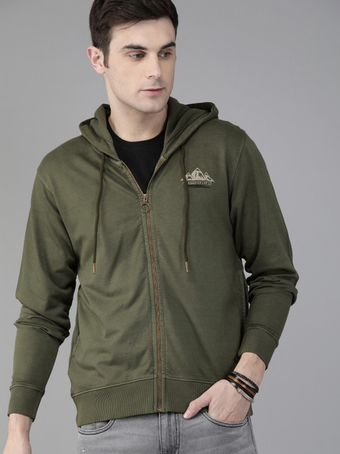 

Roadster Men Olive Green Solid Hooded Sweatshirt