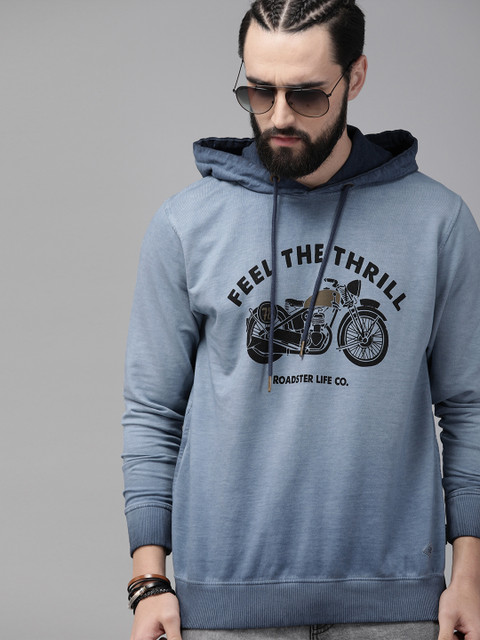 

Roadster Men Blue Vintage Washed Graphic Printed Hooded Sweatshirt