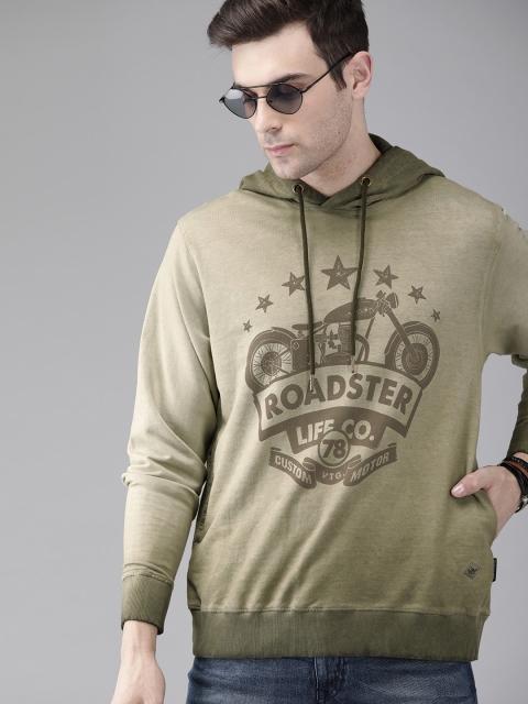 

Roadster Men Olive Green Printed Hooded Sweatshirt