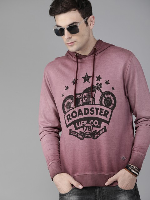 

Roadster Men Burgundy & Black Printed Hooded Faded Sweatshirt