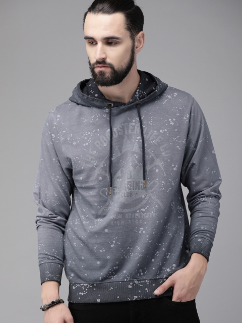 

Roadster Men Grey Printed Hooded Sweatshirt