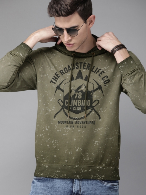 

Roadster Men Olive Green Printed Hooded Pullover Sweatshirt