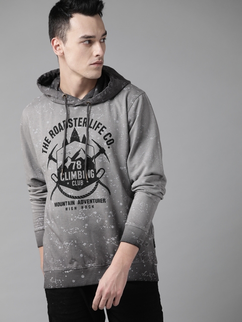 

Roadster Men Grey & Black Printed Hooded Sweatshirt