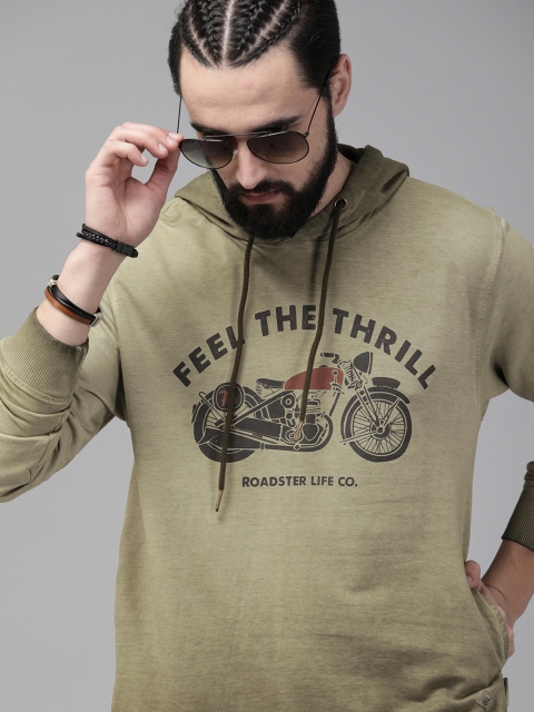 

Roadster Men Olive Green Vintage Washed Graphic Printed Hooded Sweatshirt