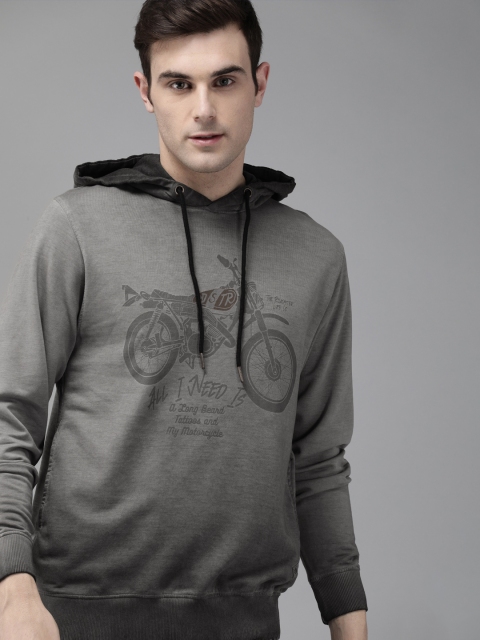

Roadster Men Grey & Black Vintage Washed Graphic Printed Hooded Sweatshirt