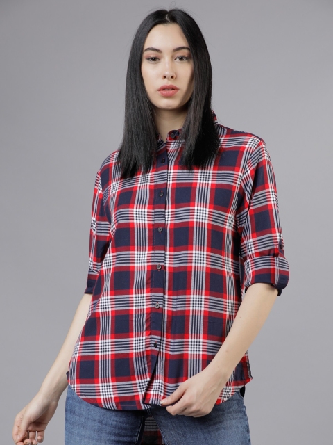 Women Navy Blue Regular Fit Checked Casual Shirt