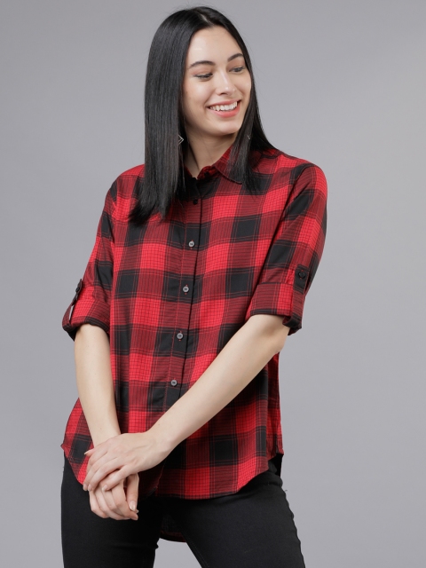 Women Red Regular Fit Checked Casual Shirt