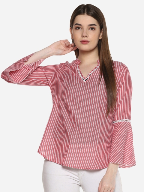 

Qurvii Plus Size Women Red Striped High-Low Pure Cotton Top