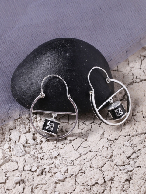 

Voylla Black Silver-Toned Enamelled Handcrafted Classic Hoop Earrings