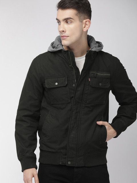 

Levis Men Black Solid Hooded Bomber Jacket