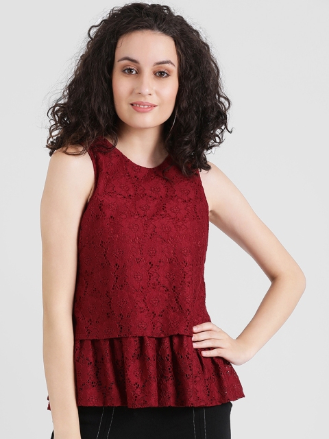 

Zink London Women Maroon Self Design Peplum Lace Top