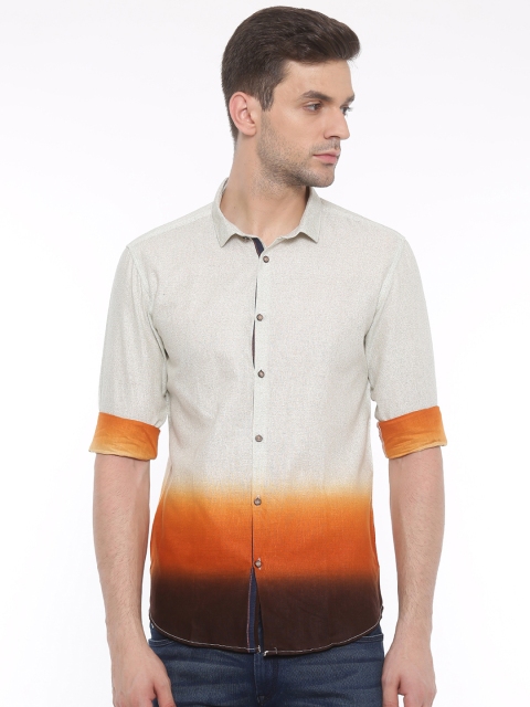 

WITH Men Orange & Off-White Slim Fit Colourblocked Casual Shirt