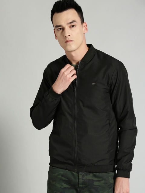 Men Black Solid Lightweight Bomber Jacket