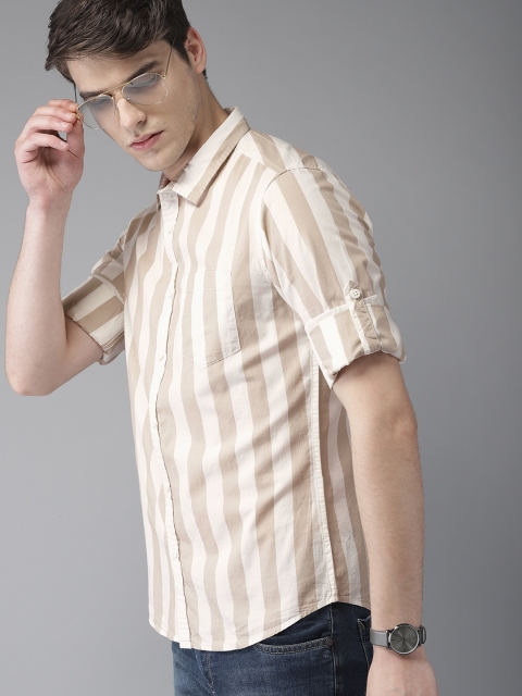 

Moda Rapido Men Off-White & Camel Brown Regular Fit Striped Casual Shirt