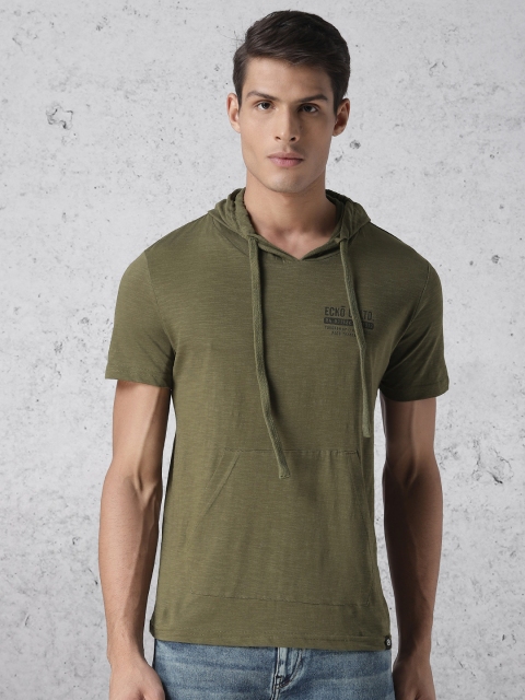 

Ecko Unltd Men Olive Green Solid Hooded T-shirt