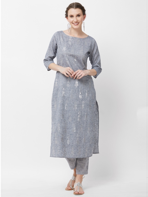 

breya Women Grey & Silver-Toned Quirky Printed Straight Kurta